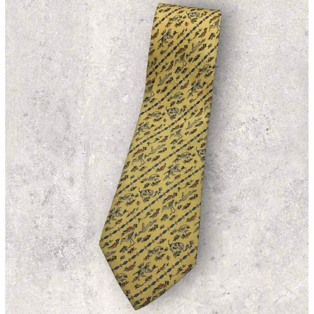 SALVATORE FERRAGAMO Silk Tie ITALY Yellow Gray Blue Dog Bird Floral W:3.7" EUC